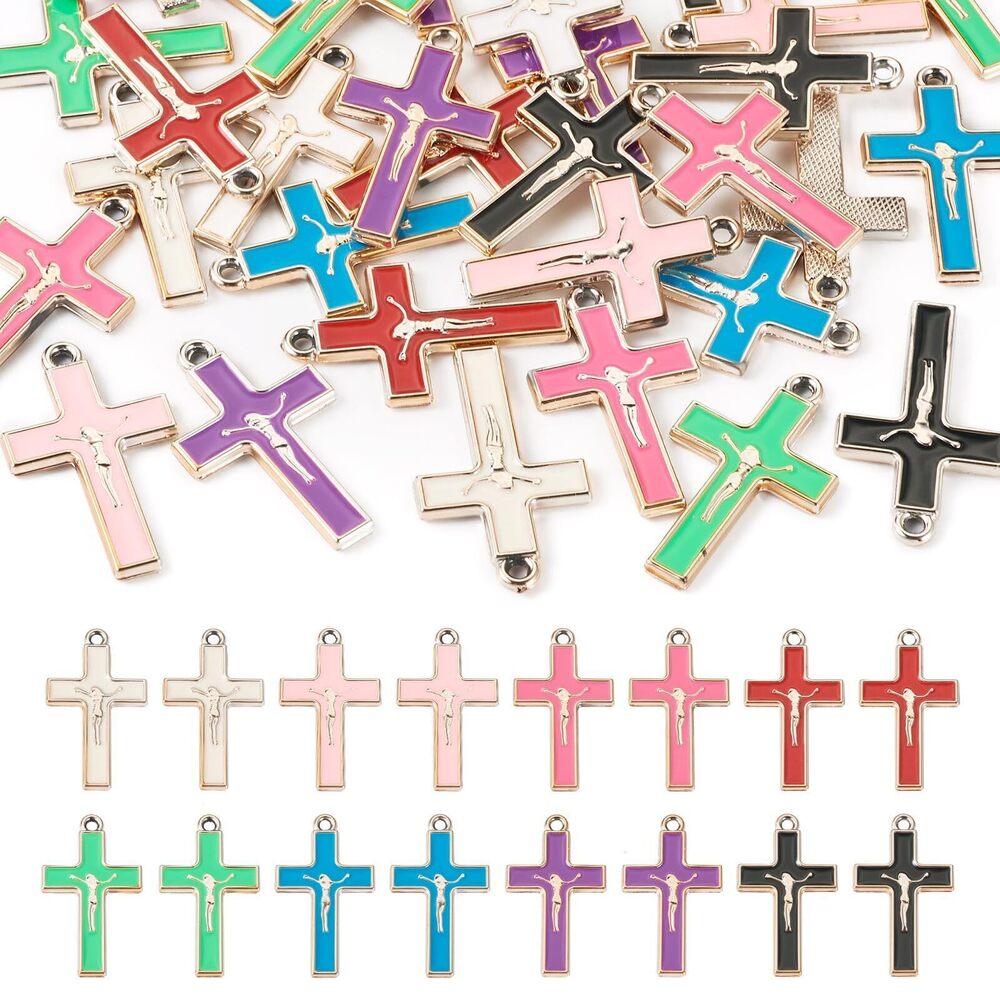 8839 32Pcs Enamel Cross Charms for Bracelets Making Alloy Religion Jesus